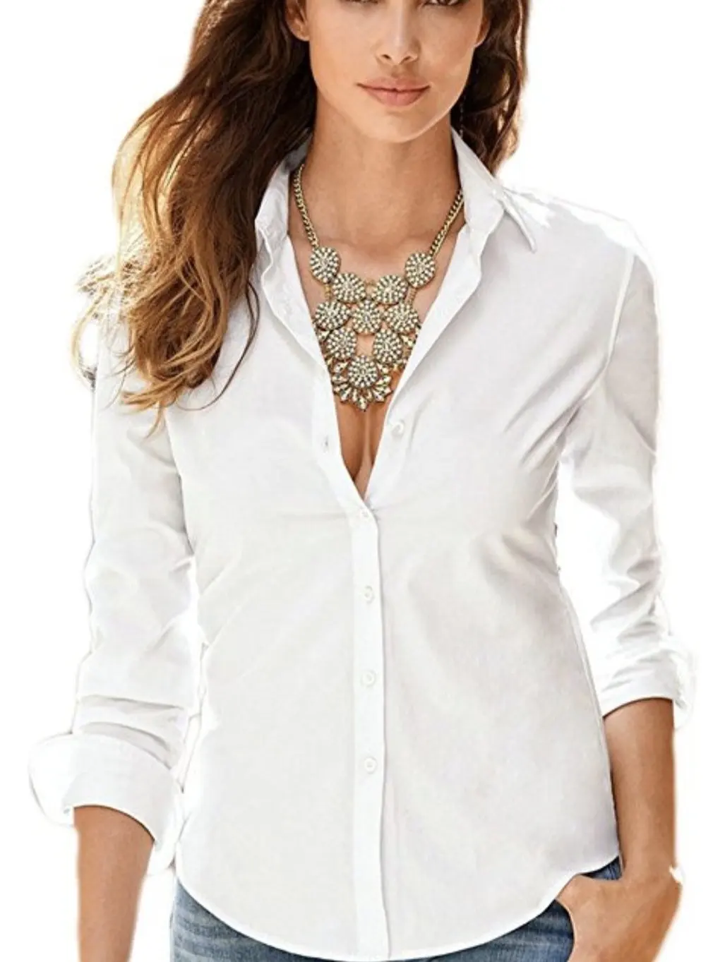 

Comfortable Women's Basic Style Long Sleeve Button Type Turn-Down Collar Shirts Simple Solid Color Formal Casual Shirt Blouse