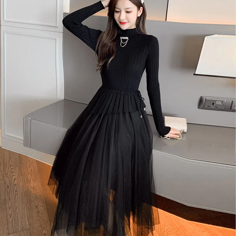 

Net Yarn Stitching Pleated Big Swing Knitted Sweater Dress 2021 Fall Winter New Korean One-Piece Fashion Women'S Knitted Dresses