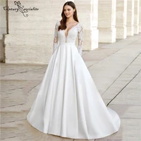 satin wedding dresses long sleeve v neck backless lace appliques button eleagnt bridal gowns with pockets vestido de noiva boho