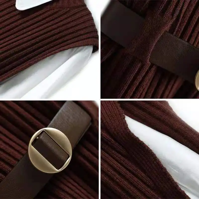 

Early Spring New Women's Fashion Lama Sleeve Lapel Shirt with Slit Knitted Vest Two Piece Set 2020 New Kawaii Top Woman Style