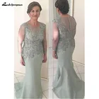 Атласное платье-Русалка для матери невесты, с пуговицами сзади, с круглым вырезом, длинным рукавом, Кружевная аппликация, простой наряд