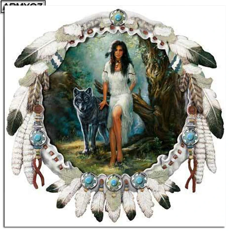 Алмазная вышивка ARMYQZ алмазная индийских женщин волков и перьев живопись своими