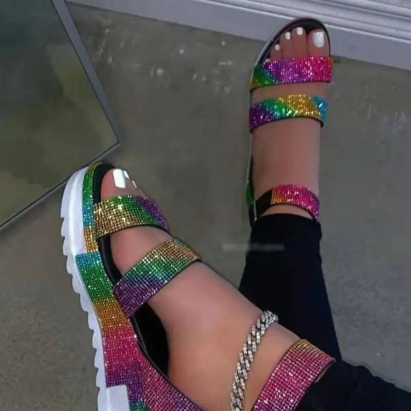 

Women Sandals 2021 Summer Sandals Rhinestone Slippers Shoes Open Toe Outdoor Plus Size 36-43 Sandalia Plataforma Zapato Mujer