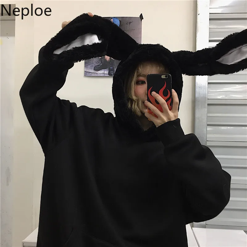 

Толстовка с капюшоном Ins Harajuku в стиле ретро с кроличьими ушками черная свободная Толстая пуловер унисекс для влюбленных свободная толстовк...