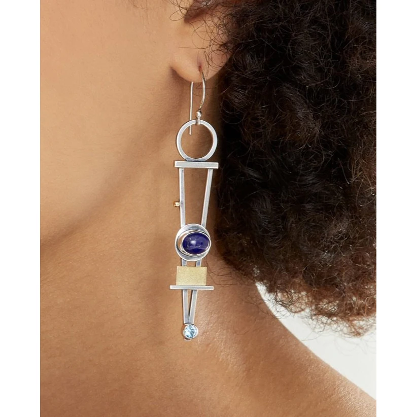 Женские длинные серьги с камнем ажурные двухцветные металлические