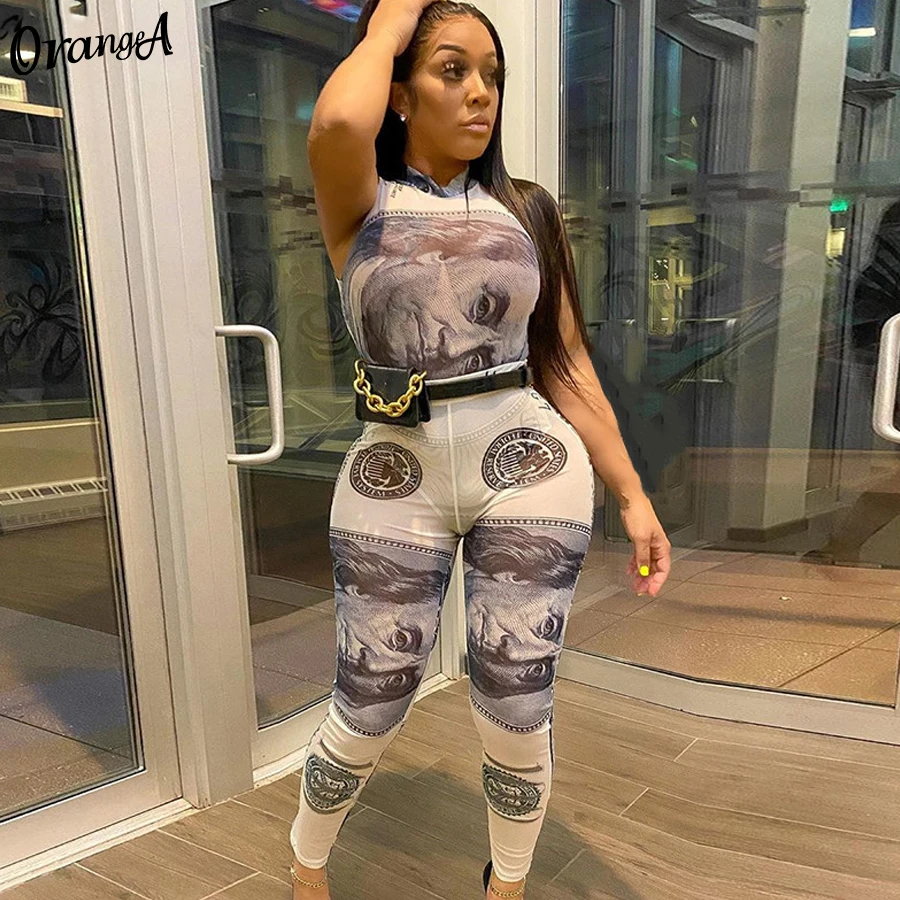 OrangeA/женский сетчатый сексуальный комплект с принтом доллара боди без рукавов +