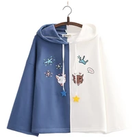 womens japan style plus velvet loose patchwork hoodies star cat print hooded warm padded sweatshirt girl pullovers 209387