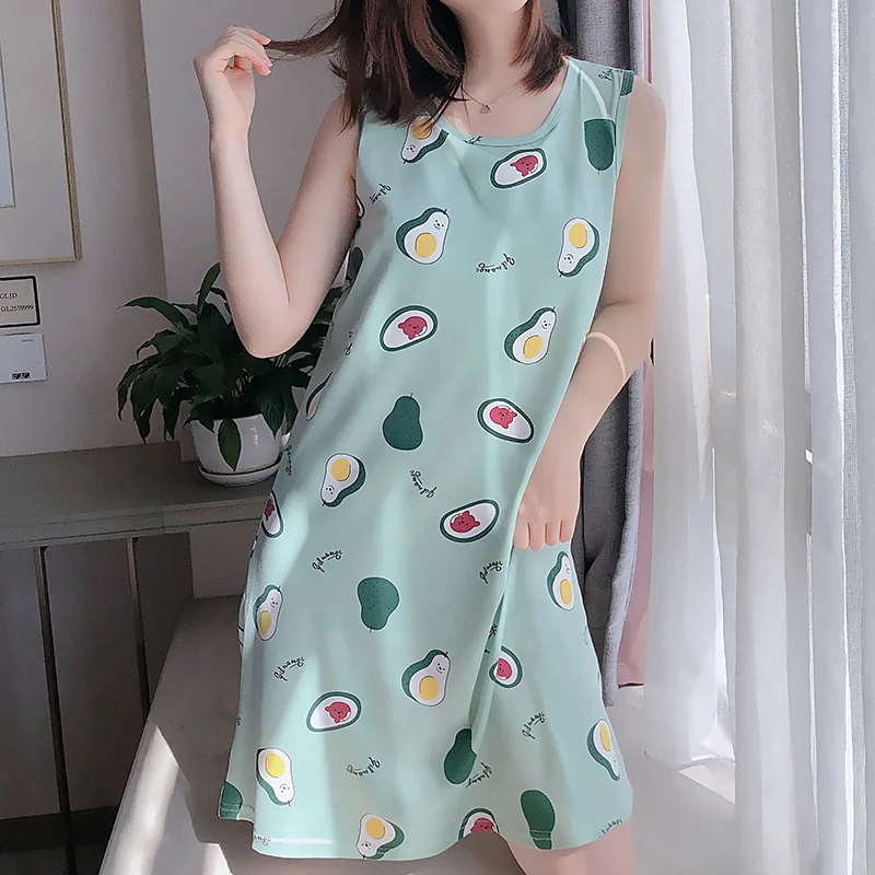 

Nightdress Women's Summer Sleeveless Vest Skirt Student Medium Length Pajamas with Bra and Lovely Milk Silk