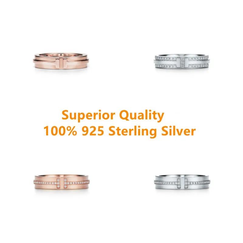 

925 Sterling Silver TF couple ring double T-shaped solid round ring small fashion classic jewelry Christmas holiday gift