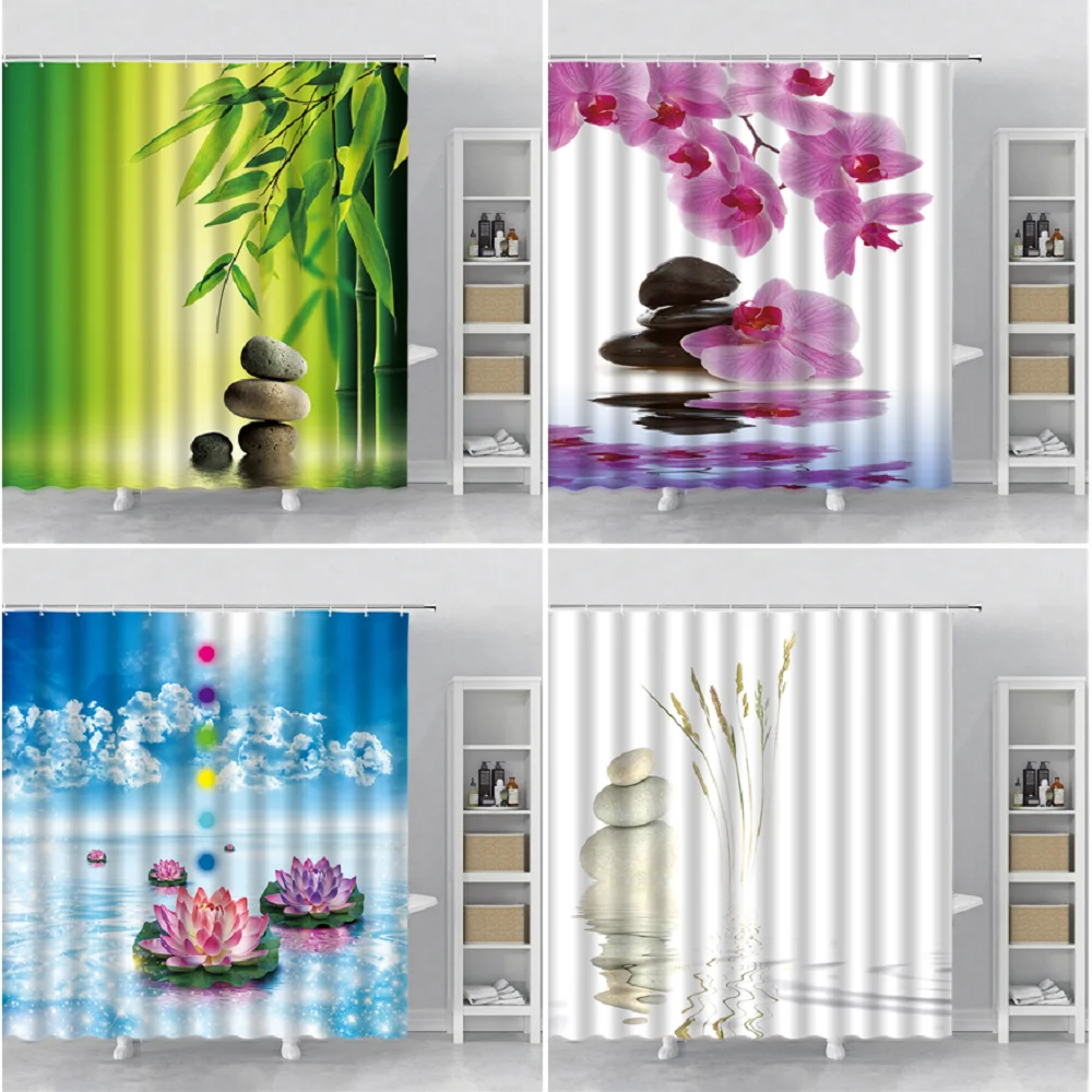 

Zen Garden Stone Lotus Shower Curtains Green Bamboo Spa Orchid Home Bathtubs Curtain Decor Sets With Hooks Washable Polyester