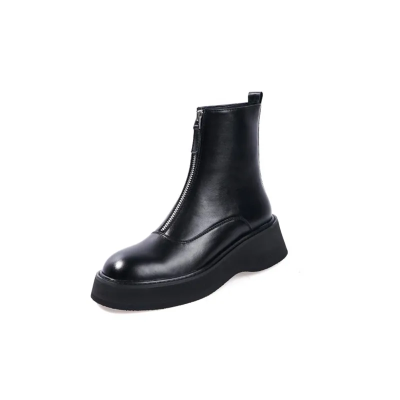 Black Winter PXELENA/Новые Брендовые женские ботильоны на платформе, на молнии спереди, на толстой подошве, армейские ботильоны, натуральные кожаные военные байкерские мотоциклетные ботинки - Цвет: Black Winter