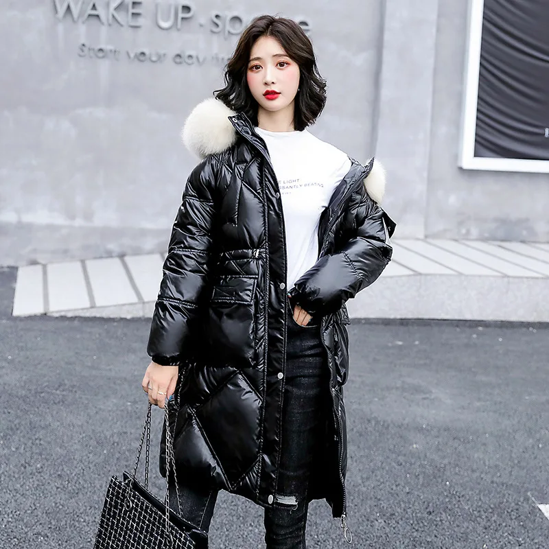 2021 Women's Winter Bright Face Down Padded Jacket Mid-Length Korean Casual Thick Hooded Long Parka White Fur Collar Coat Female