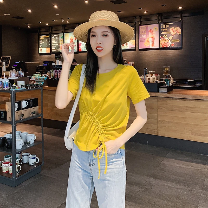 

Women Clothes 2019 Slim Drawstring Design Women Tees Simple Casual Solid Color Short Sleeve Round Neck Tops