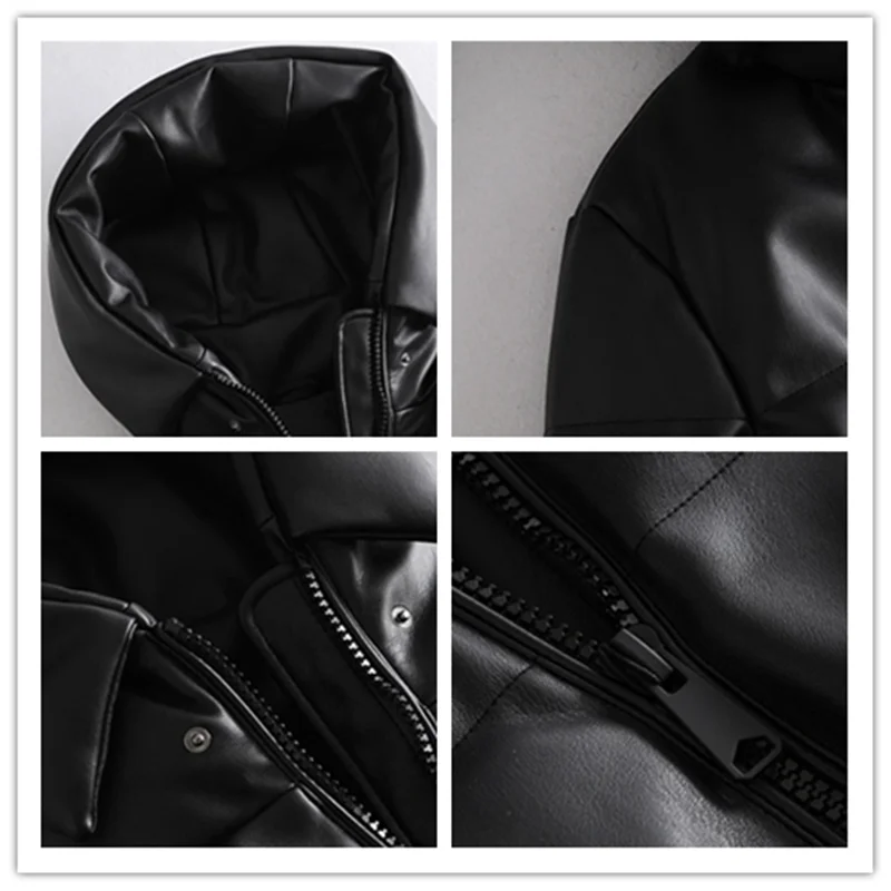 

Women Winter Fashion Thick Warm Faux Leather Parkas Vintage Hooded Long Sleeve Padded Jacket Female Chic Overcoat Y488