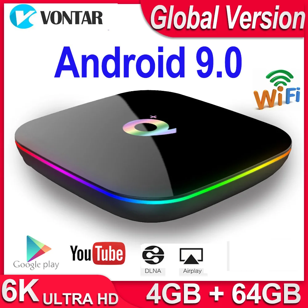 

ТВ-приставка Q Plus, 4 + 32/64 ГБ, Android 9,0, 2,4G, Wi-Fi, медиаплеер