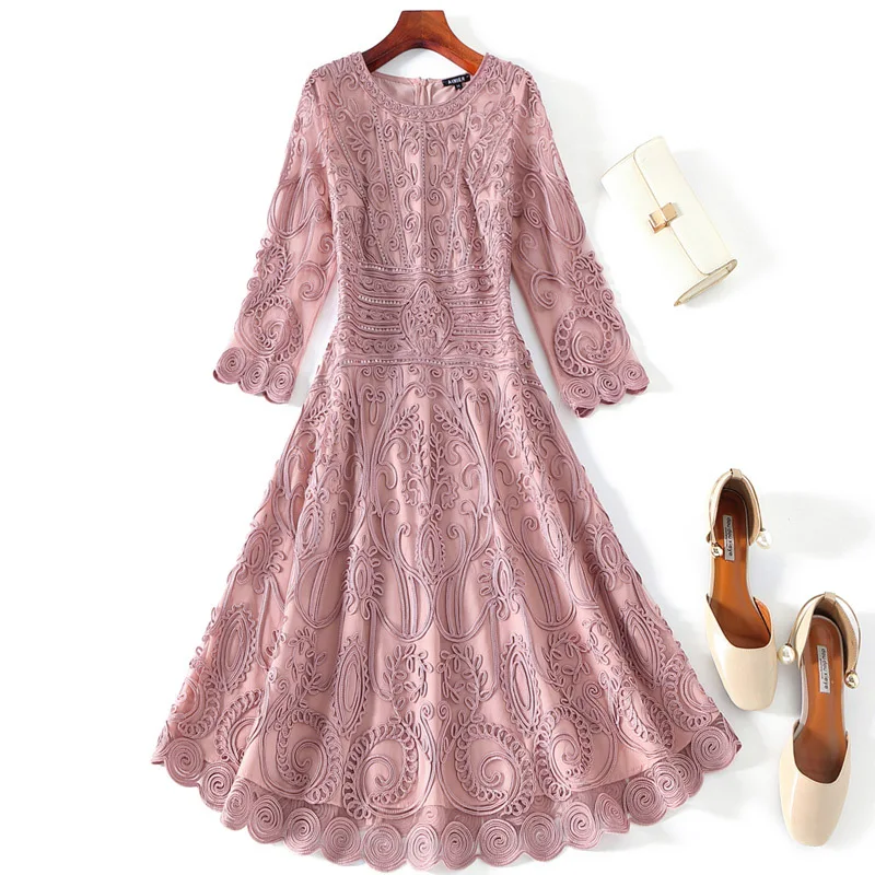 

Slim Fit & Flare 2020 Summer Style Women Stand Neck Appliques Lace Patchwork Sleeveless Vintage Retro Dress for Parties