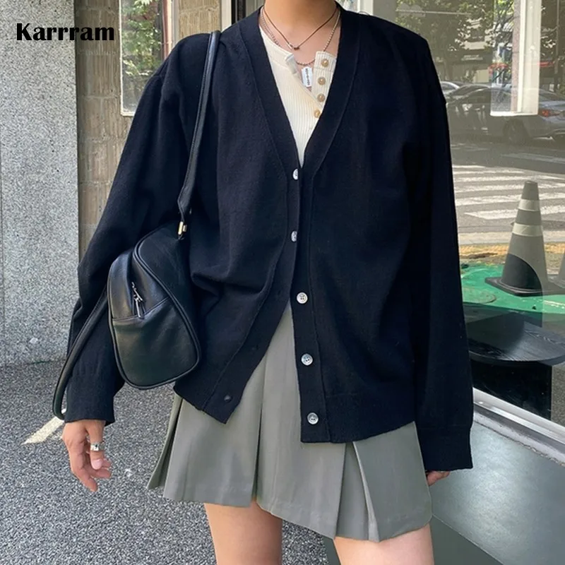 

Karrram Women Knitting Cardigans Casual Spring 2022 V-neck Long Sleeve Daily Solid Mujer Sweaters Single Breasted Black College