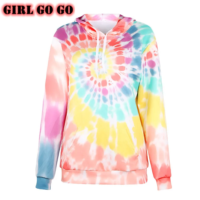 

Fall Spring Tie Dye Fashion Hoodies Women Long Sleeve Hooded Sweatshirt Polerones Mujer 2020 Korean Clothes 3XL Front Pocket