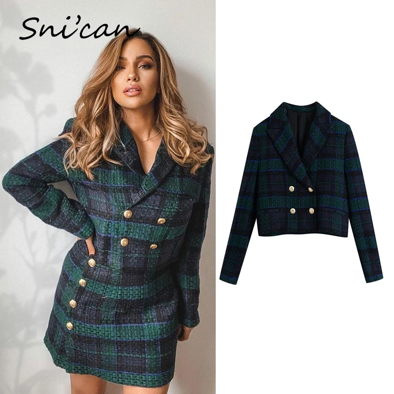 

Woolen Tweed Plaid Jacket Coat Spring Double Breasted Fashion Crop Tops Za 2021 Women Chaqueta Mujer Office Ladies Uniform New