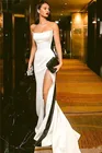 Скромные черно-белые платья для выпускного вечера 2021 пикантные Длинные вечерние наряды без бретелек с высоким разрезом сбоку для вечеринки свадебные платья