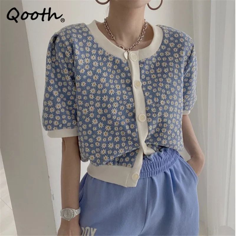 

Qooth Floral O-Neck Knitted Puff Sleeve Sweater Summer Sweet Single-Breasted Daisy Slim Sweater Korean Style Thin Tops QT616