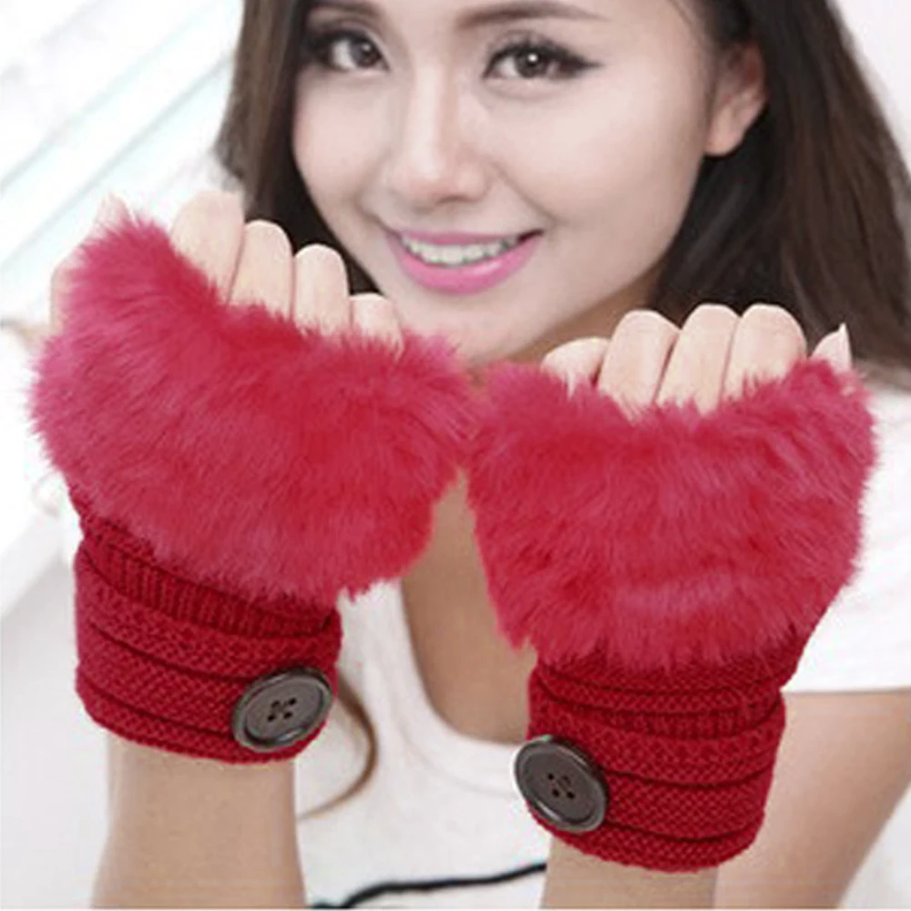 

Перчатки без пальцев с плюшевыми пуговицами, женские зимние вязаные Утепленные перчатки на запястье, однотонные Лоскутные перчатки, Женски...