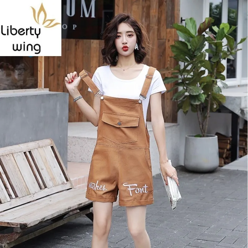 New Summer Overalls Women Casual Big Pocket Short Denim Jumpsuits Solid Female Playsuits Wide Leg Jeans Pants Fashion