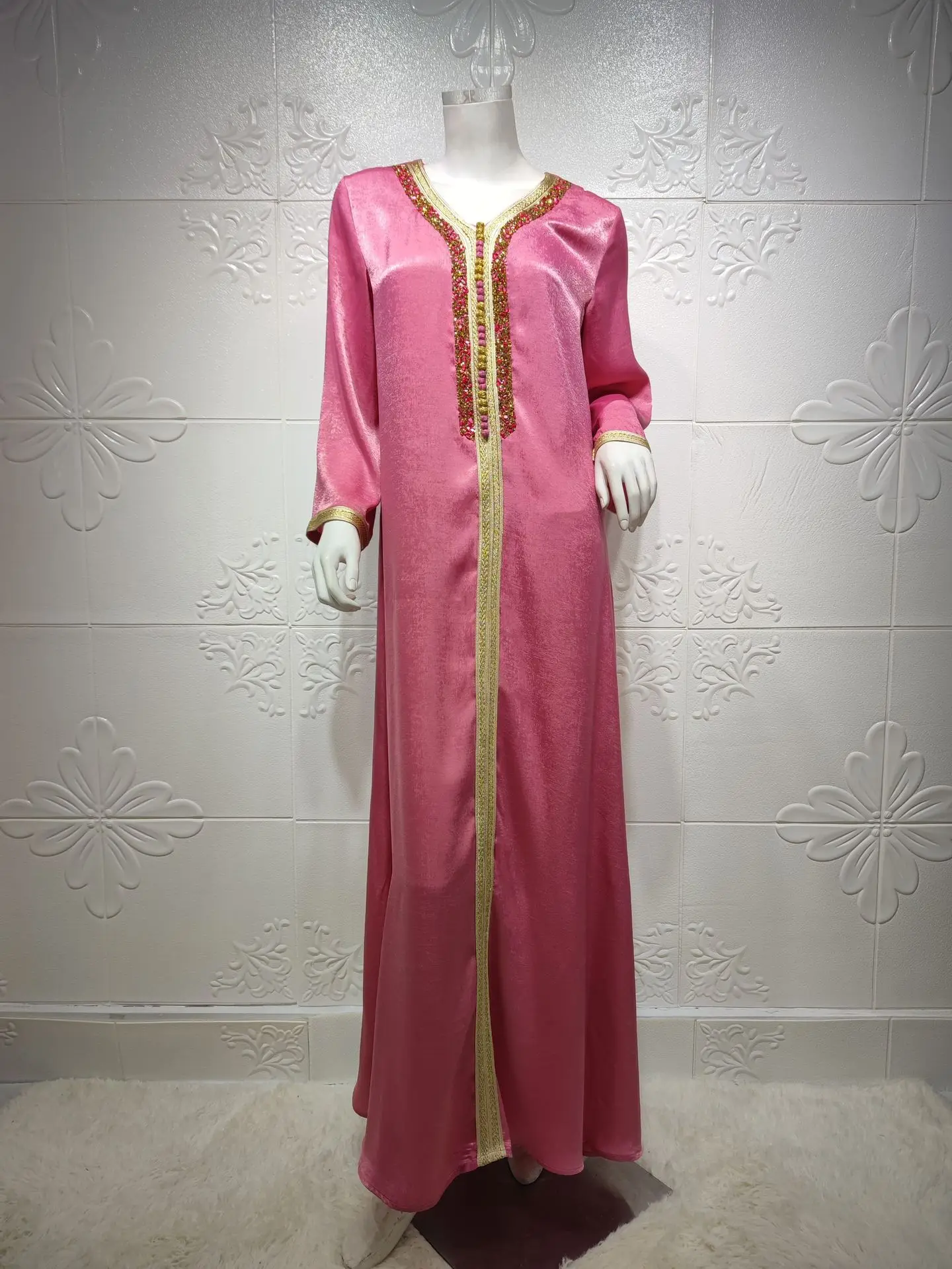 

Muslim Hijab Dress for Women Pink Ramadan Eid 2021 Moroccan Kaftan Dubai Jalabiya Arabic Middle East Islamic Clothing