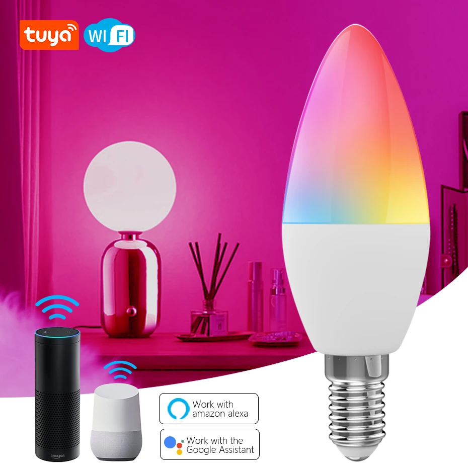 

WiFi Tuya Smart Candle Light Bulb E14 LED RGB Lamp Work with Alexa/Google Home AC100-240V Bedroom Bulbs Timer Function