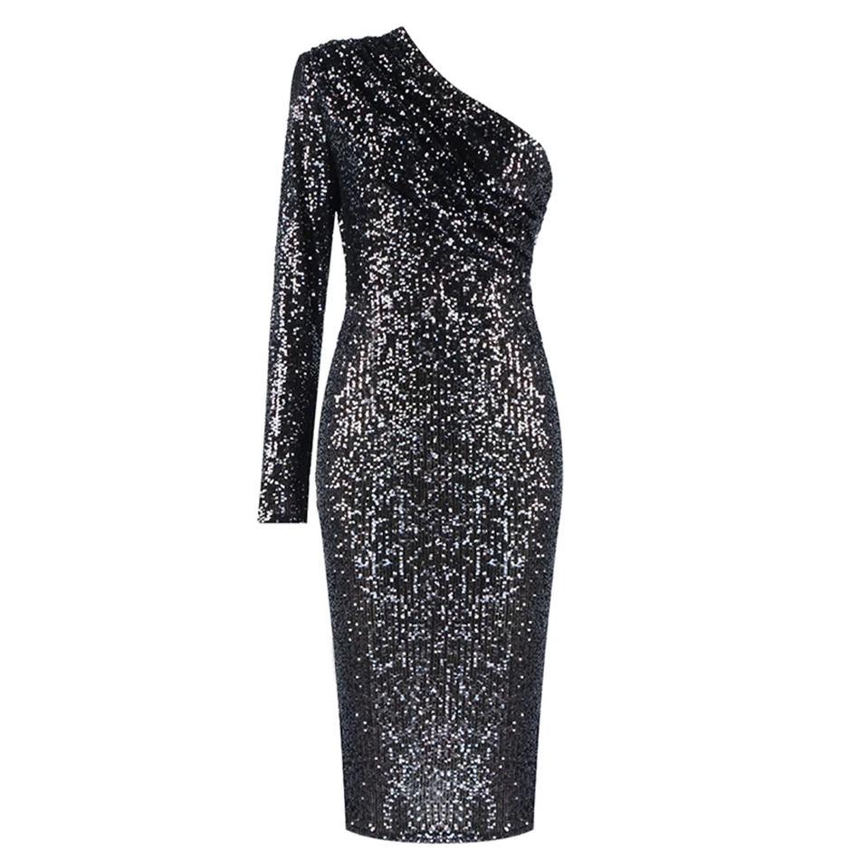 

Women Sexy One Shoulder Dress 2020 New Fashion Glitzy Sequins Wrap Chest Nightclub Dress Female Elegant Evening Party Dress