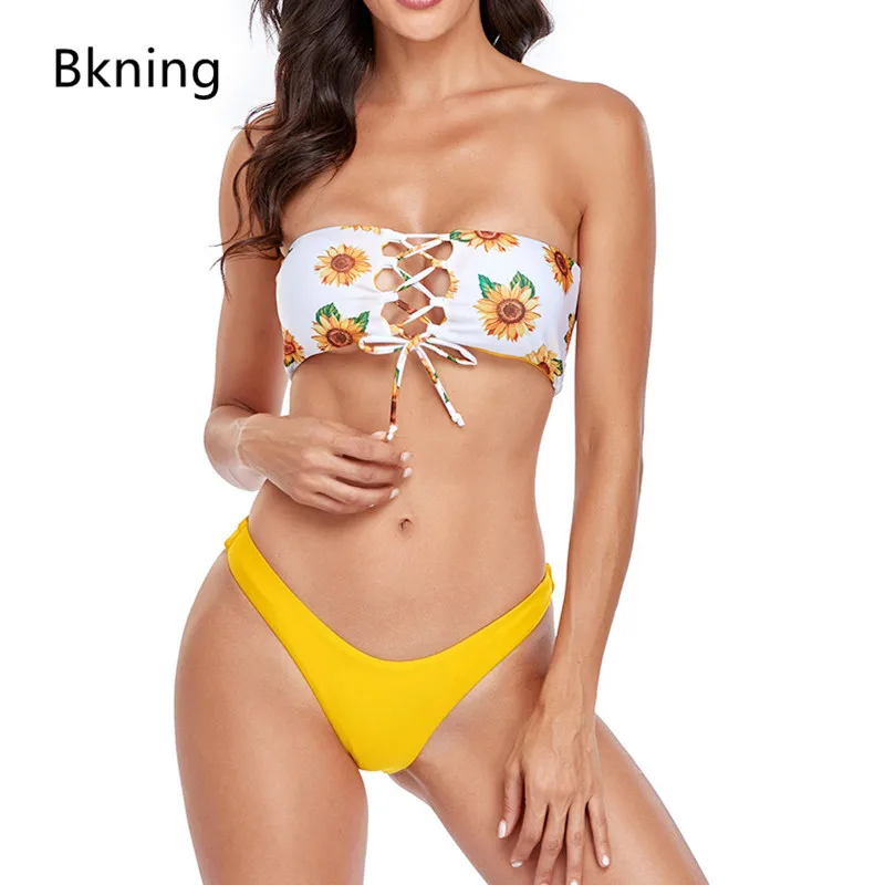 

2021 NEW Bandeau Bikini Set Women Sexy Cut Out Strapless Biquini Low Waist Swimwear Women's Sunflower Floral Print Swim Wear