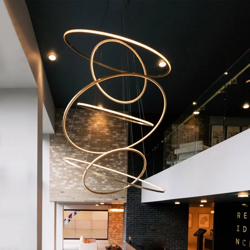 

Modern Ring LED Chandelier Loft Staircase Light Chandelier Lighting Villa Lobby Decoration Project Lamp Gold Stainless Steel AC