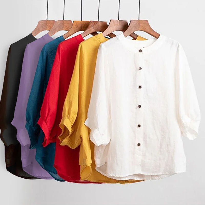 Рубашка женская льняная с пышными рукавами свободная винтажная блузка коротким