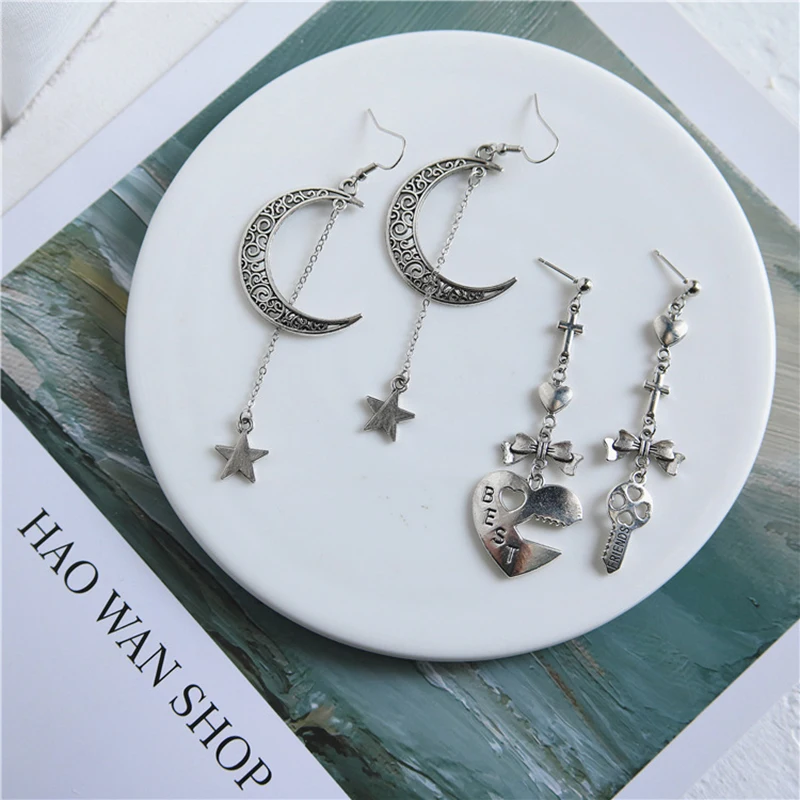 Ювелирные изделия Звезда Луна длинные серьги для женщин Асимметричные круглые
