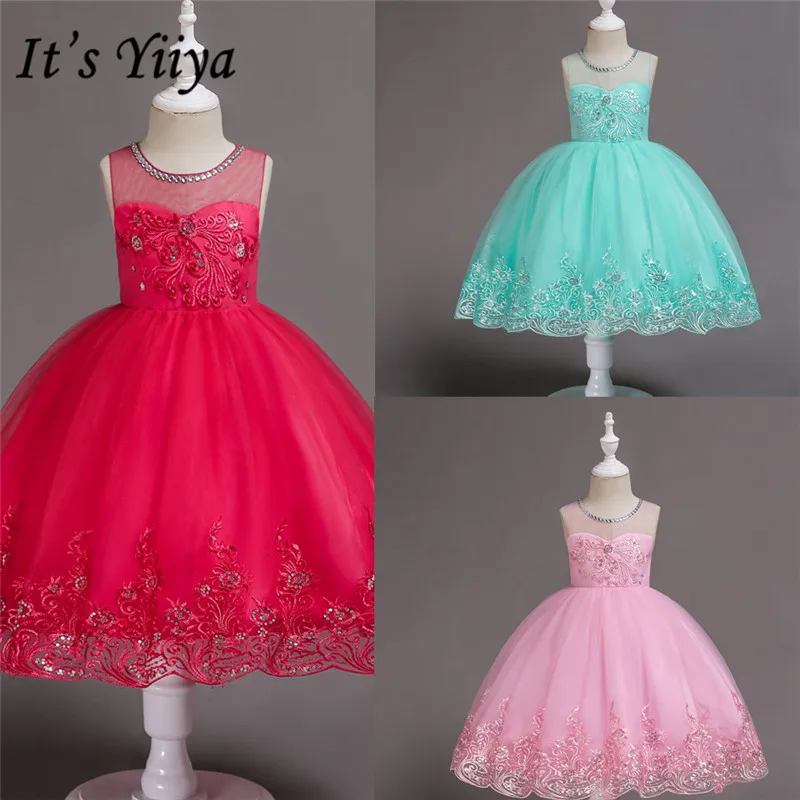 It's Yiiya Flower Girl Dresses for Weddings Lace Appliques Crystal Short First Communion Dresses Kids Dresses For Girls 561