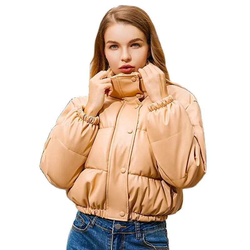 

Черные Куртки из искусственной кожи, женские короткие теплые модные хлопковые пальто с воротником-стойкой, женские пальто в европейском и а...