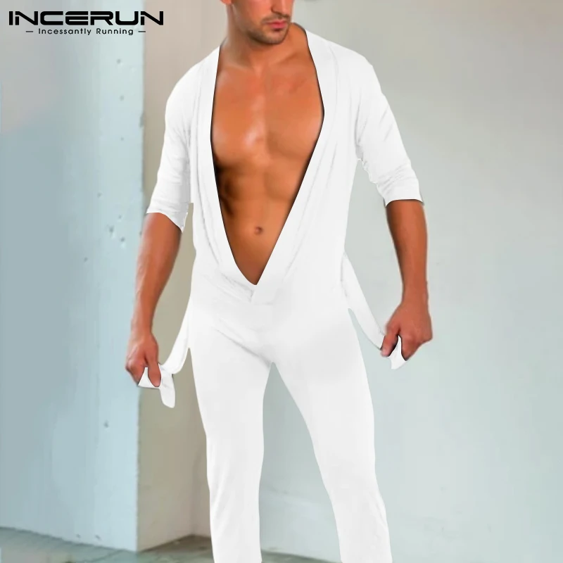 INCERUN Comfortable Homewear New Men Sexy Leisure V-neck Jumpsuits Male Solid Color All-match Simple Sleeve Bodysuits S-5XL 2023
