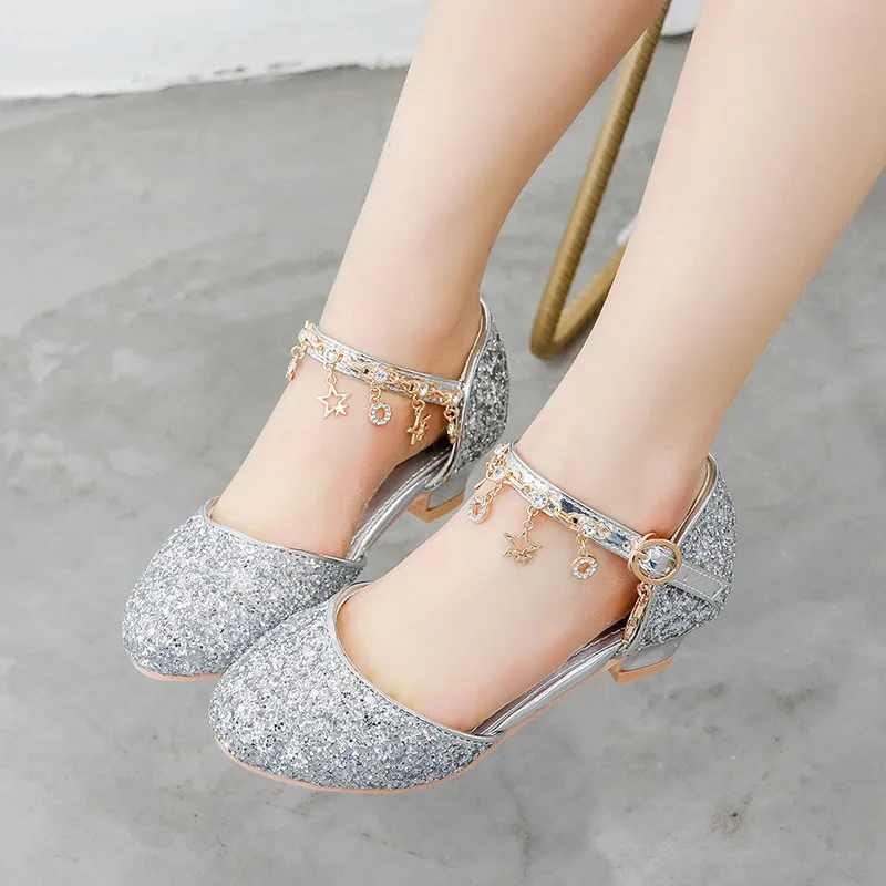 

Snoffy Children Party Shoes Rhinestone Girls High Heels Pearl Kids Glitter Shoes Princess Wedding Shoes For Girls TX373