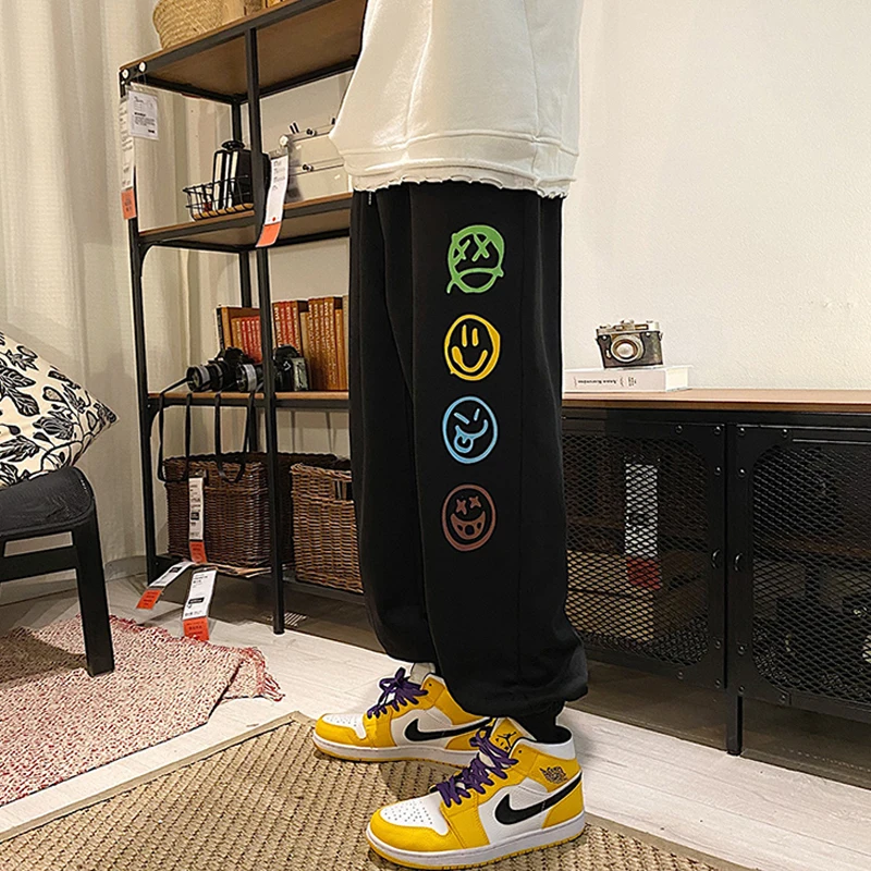 Модные мужские винтажные потертые брюки в стиле хип хоп с принтом смайлика