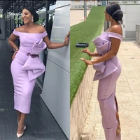 sexy lilac midi short evening dresses with big bow elegant off shoulders black girls prom dress nigeria night party gowns 2022