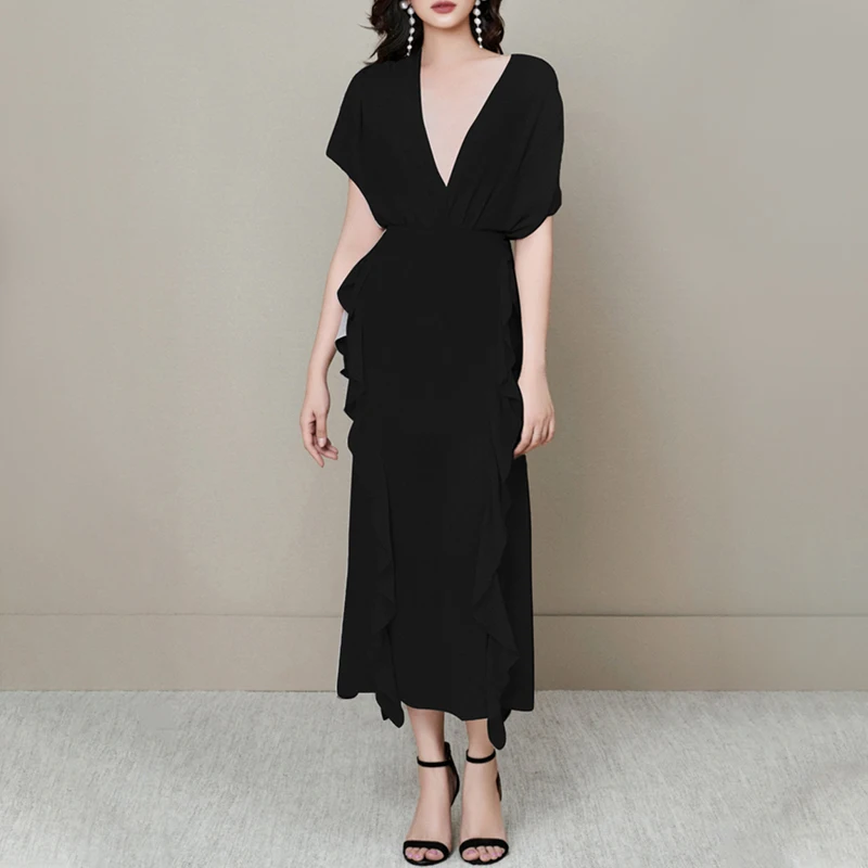 Женский комплект с юбкой миди Max Spri однотонный черный топ V-образным вырезом и