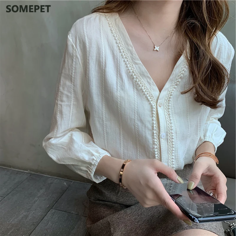 

Shirts Women Solid Vintage V-Neck Plus Size 3XL Puff Sleeve Korean Style Harajuku All-match Womens Elegant Blouses Chic