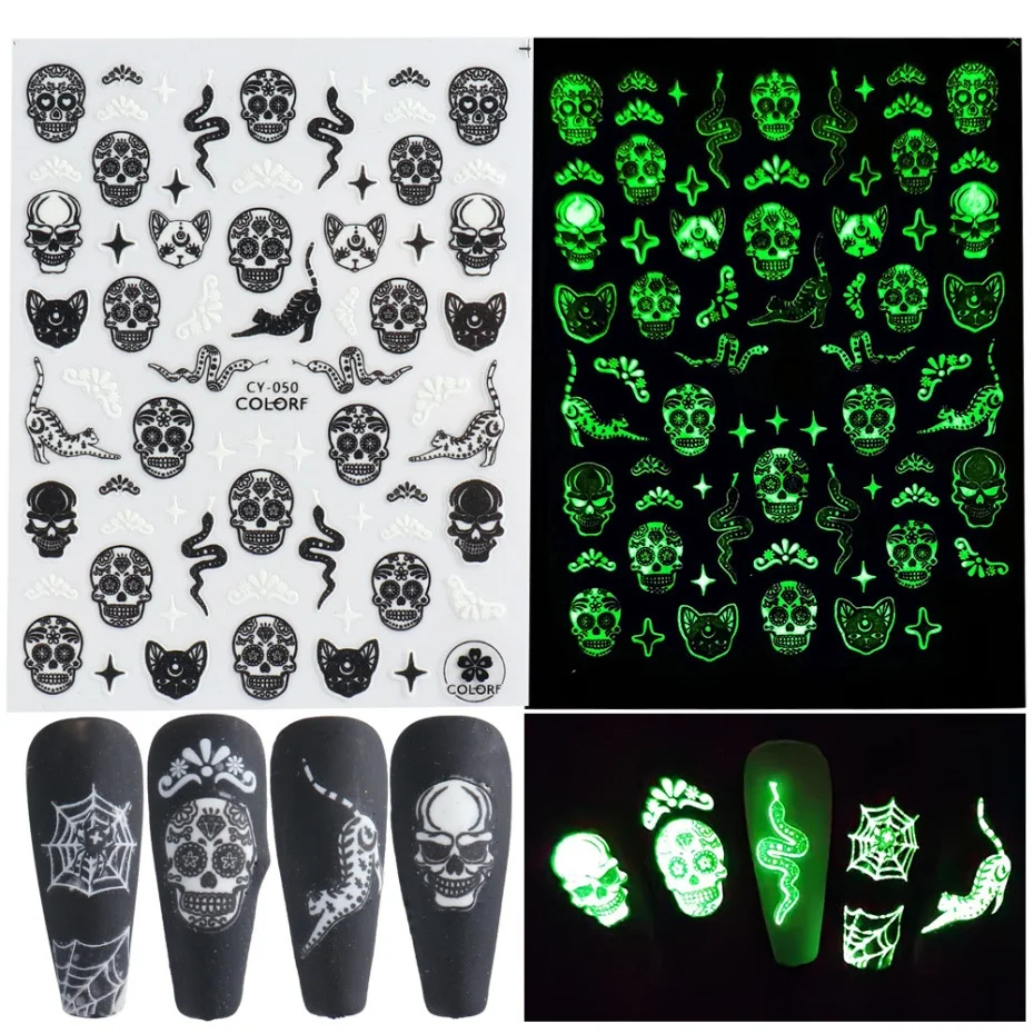 

1Sheet Halloween Nail Stickers 3D Skull Ghost Pumpkin Spider Bat Nail Art Luminous Halloween Nails Self Adhesive Nail Sticker