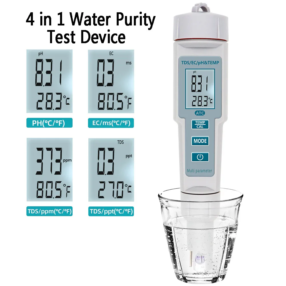 4 в 1 Цифровой измеритель PH с функцией PH/TDS/EC/температуры тестер качества воды ЖК-дисплей для бассейнов, питьевой воды, аквариума
