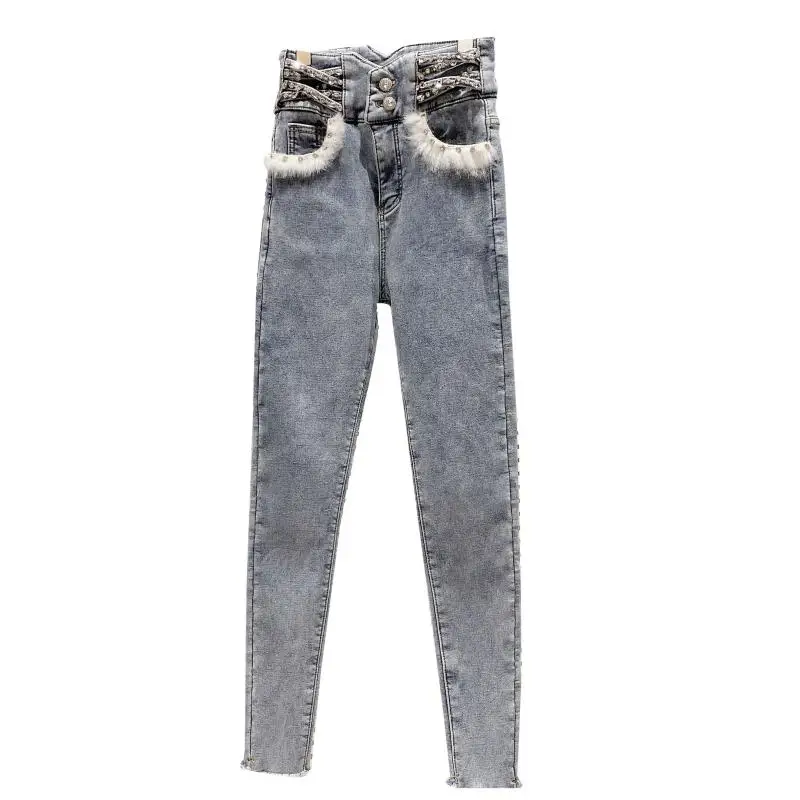 

2021 Winter Women's Jeans Water Drill High Waist Diamond Bead Plush Slim Pencil Jeans Pocket with Fur Girl's Skinny Denim Pants