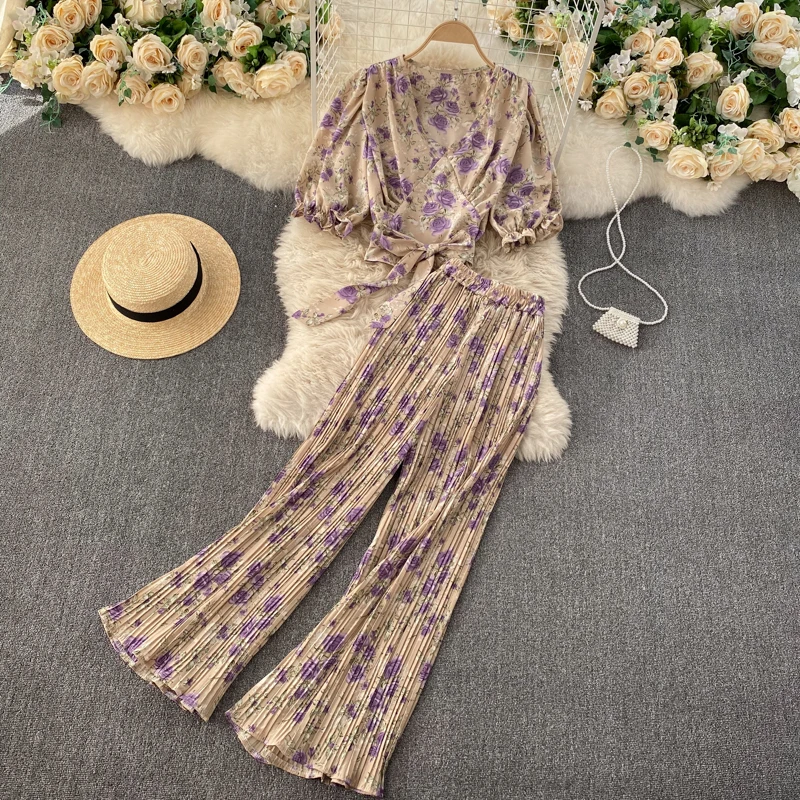 

Jastie 2021 Autumn Floral Print 2 Piece Set V-neck Puff Sleeve Women T-shirt Top Female High-waist Pleated Wide-leg Pants Suit