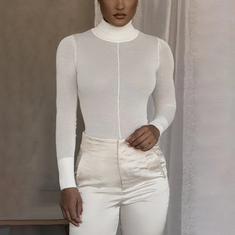 Jumpsuit Bodysuit Solid Long-Sleeved Knitted High-Necked High Street Wear Autumn Winter Slim Women Fitness Clothes 2021