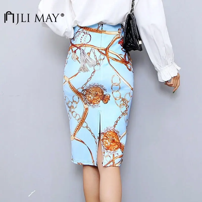 

JLI MAY Women's Print Pencil Skirt Elegant Casual High Waist Slim Split Mini Skirts Office Lady
