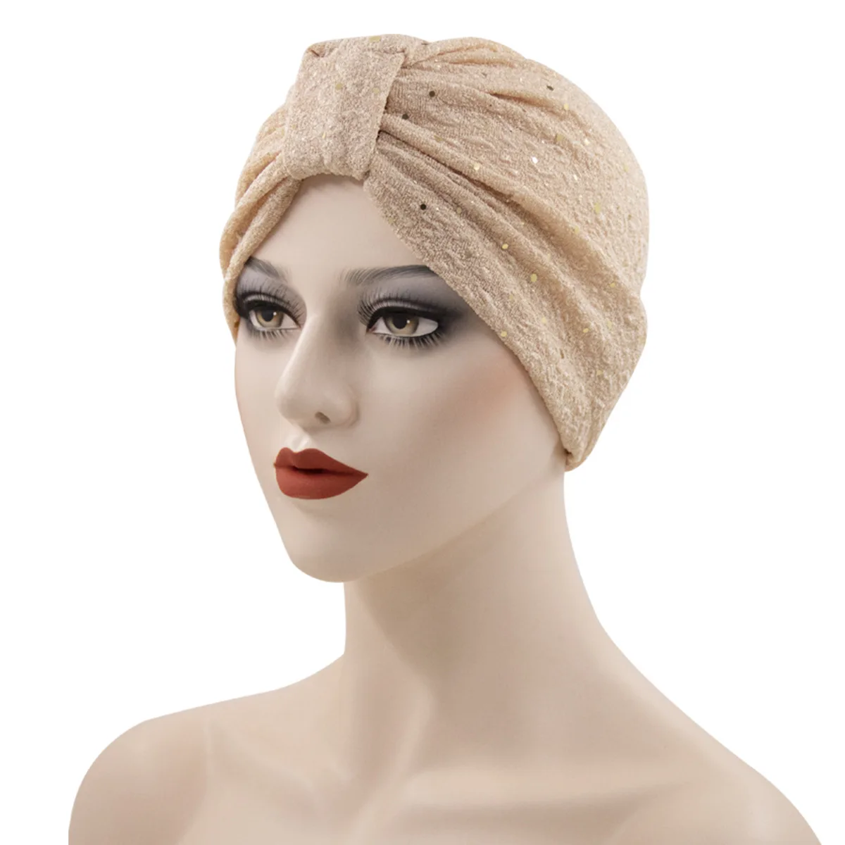 

Breathable Knotted Sequins Turban Caps Muslim Women Head Wraps India Hat Stretchy Ready to Wear Hijab Headscarf Bonnet
