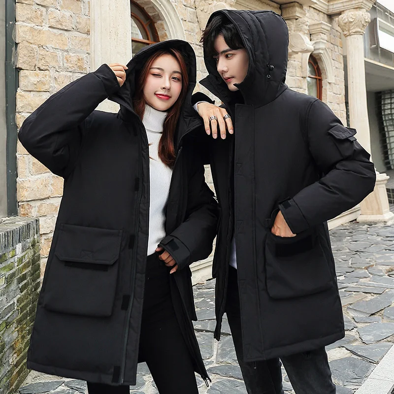 New down jacket men's medium and long style hot sales hooded handsome man/woen overalls winter coat popular logo couple